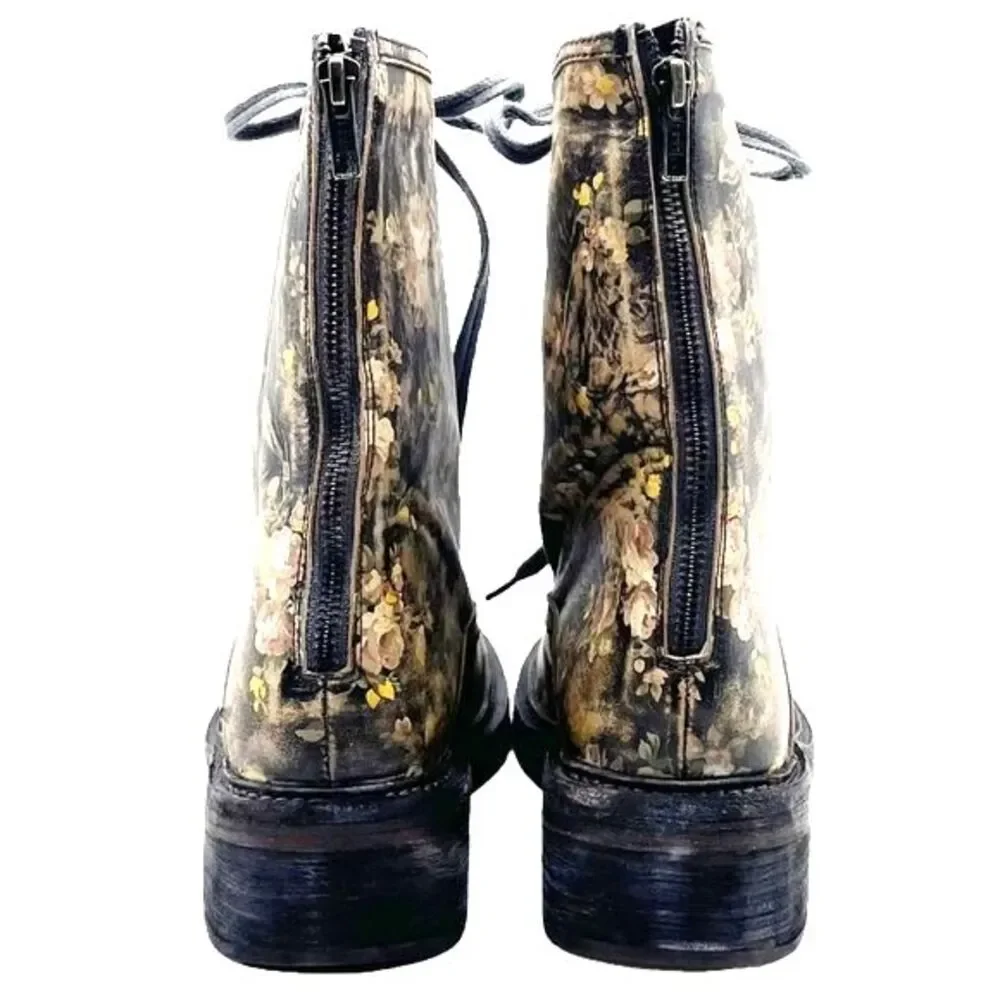 Free People Santa Fe Black Floral Leather Lace-Up Combat Boot Sz US 8 EU 38 NWT